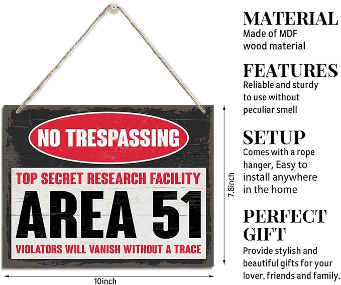 Wood Hanging Decor Sign, No Trespassing Top Secret Research Facility Area 51 Violators Will Vanish Without A Trace, Outdoor Warning Sign, Decorative Signs, Farmhouse Home Wall Deocr, Door Decor