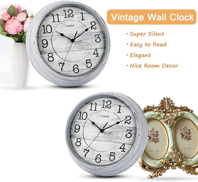 HYLANDA Retro/Vintage 12-Inch Kitchen Decorative Wall Clock, Silent Wall Cocks Battery Operated Non Ticking with Large Numbers Easy to Read for Home Bathroom Office(Grey)