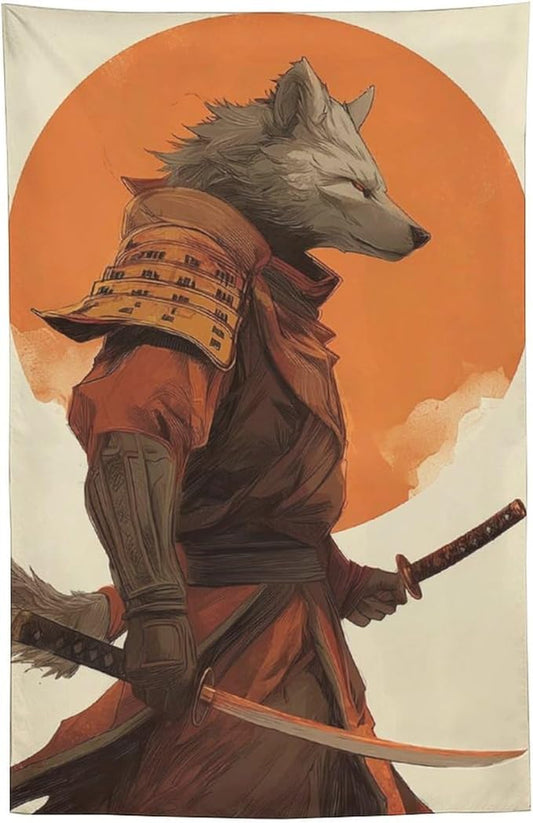 JYOUQOC Wolf Samurai Tapestry Large Wall Art Decor Wall Hanging Flag Backdrop for Living Room Dorm Office Bedroom 60"×90"