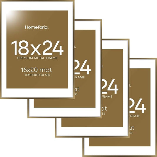 Homeforia Picture 18x24 Bronze Frame, High End Metal 18x24 Brass Poster Frames with Mat 16x20 for Photo, 18 x 24 Frame Matted to 16 x 20 Print, 24x18 Hanging Frames, Tempered Glass, Wall Kit, Set of 4