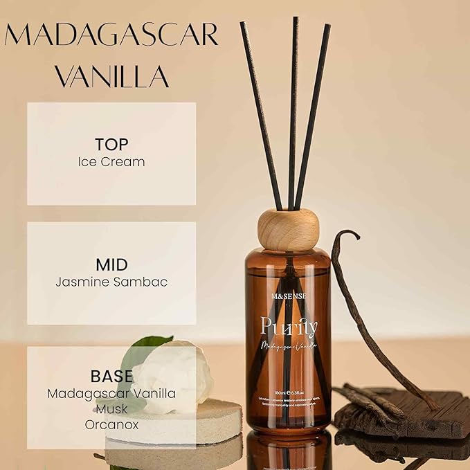 M&SENSE Madagascar Vanilla Reed Diffuser Set: 6.3 fl oz Non-Toxic Aroma Set with Sticks, Long-Lasting Natural Essential Oil Gifts for Bedroom, Shelf Decor & Small Spaces