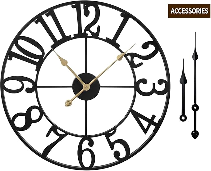 LEIKE Large Wall Clocks,Silent,Non Ticking,Battery Operated Rustic Round Modern Big Metal Wall Clock for Living Room, Bedroom,Kitchen,Farmhouse,Office,Home Decor-16 Inch(Black-Arabic Number)