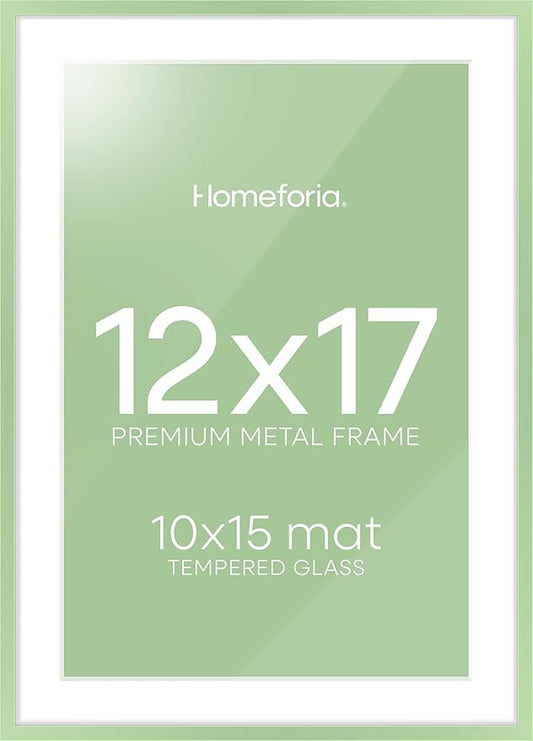 Homeforia 12x17 Picture Frame Sage Green, High End Metal 12x17 Poster Frames with Mat 10x15 Photo, 12 x 17 Sage Green Frame Matted to 10 by 15 Art, 17x12 Thin Frame, Tempered Glass, Wall Kit, Set of 1