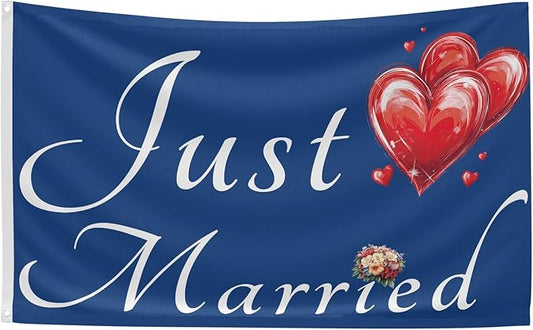 Just Married Flag Banner Outdoor Indoor Decoration Flag 3x5 FT Double Stitched Polyester with Brass Grommets (Blue)