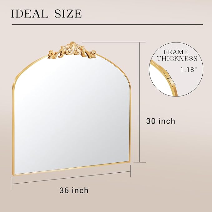 MISSDAY Vintage Gold Baroque Mirror for Wall, 36"X30" Arched Antique Wall Mirror with Elegant Carving Top, Full Metal Frame Wall-Mounted Mirror for Bathroom, Living Room, Fireplace, Entryway, Hallway
