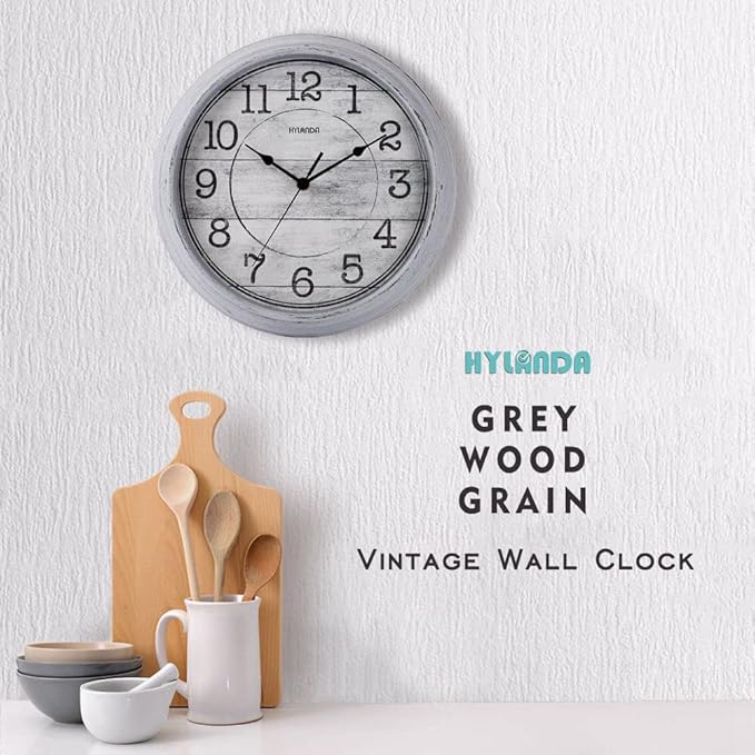 HYLANDA Retro/Vintage 12-Inch Kitchen Decorative Wall Clock, Silent Wall Cocks Battery Operated Non Ticking with Large Numbers Easy to Read for Home Bathroom Office(Grey)