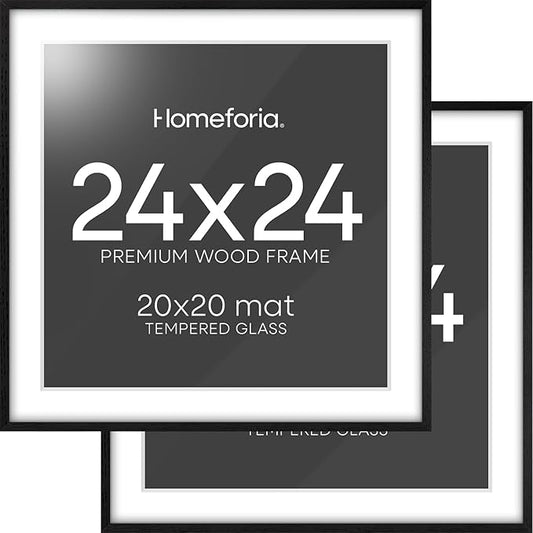 Homeforia 24x24 Black Wood Frame, High End Oak 24 x 24 Square Picture Frames with Mat 20 by 20 inches Photo, 24by24 Black Wooden Poster Frames Matted to 20x20 Print, Tempered Glass, Wall Kit, Set of 2