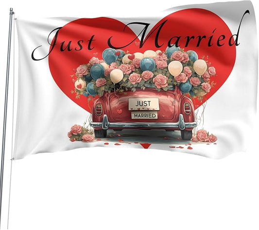 Heart Just Married Flag Banner Outdoor Indoor Decoration Flag 3x5 FT Double Stitched Polyester with Brass Grommets (White)