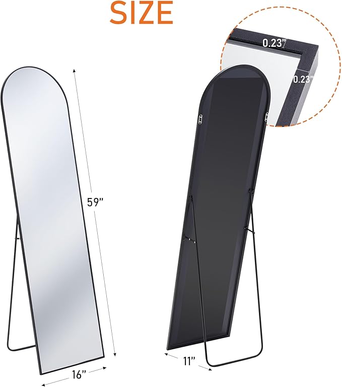 DUMOS Arched Full Length Mirror with Stand Floor Standing Aluminum Frame for Bedroom Body Hanging Leaning Modern Simple Home Decor Shatter-Proorf Nano Glass Wall Cloakroom Natural Black 59"x16"
