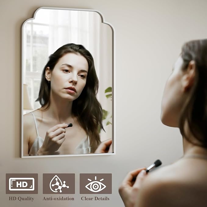 GLSLAND 24"x36" Silver Petal Arch Bathroom Mirror Wall Mounted Vanity Scalloped Mirror for Over Sink Modern Decorative Arched Wall Mirror - for Bedroom Living Room Entryway