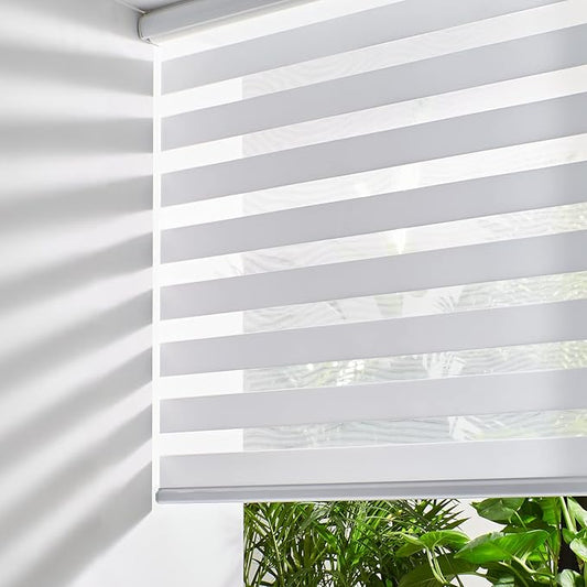 Persilux Cordless Zebra Blinds for Windows Free-Stop Roller Windows Shades (70" W X 64" H, White) Dual Layer Light Control for Day and Night, Light Filtering Sheer Shades for Home, Easy to Install