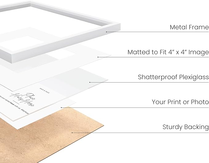 HAUS AND HUES 8x8 White Aluminum Frame Set of 6 - Matted to 4x4, Shatterproof Plexiglass (8x8 in, White)