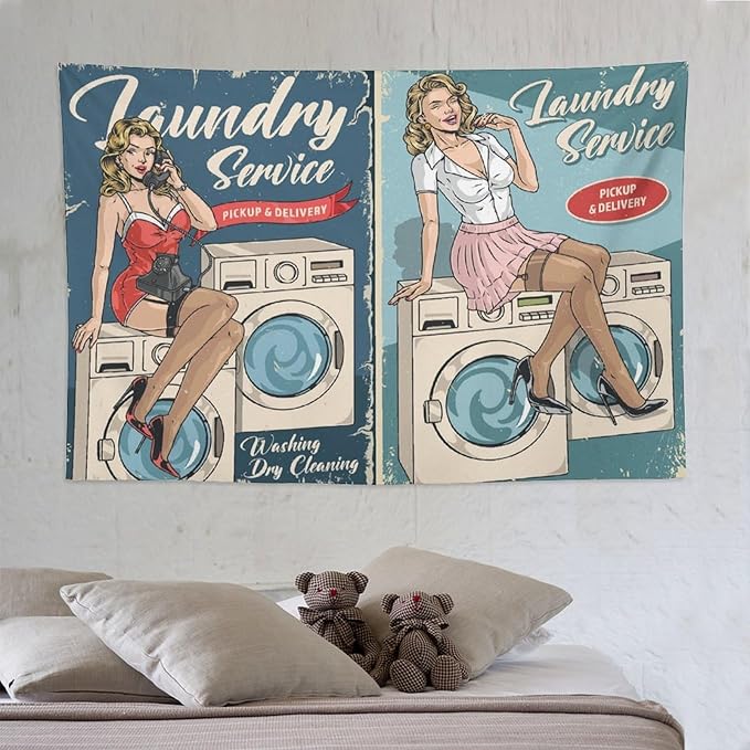 ZhiRain Laundry Service Tapestry Wall Hanging Vintage Laundry Room Poster Tapestries Home Decor for Living Room Bedroom Farmhouse Apartment Dorm 60"x90"