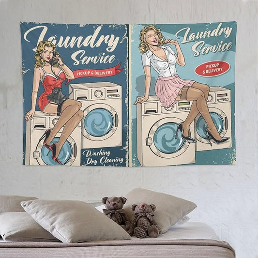 ZhiRain Laundry Service Tapestry Wall Hanging Vintage Laundry Room Poster Tapestries Home Decor for Living Room Bedroom Farmhouse Apartment Dorm 60"x90"