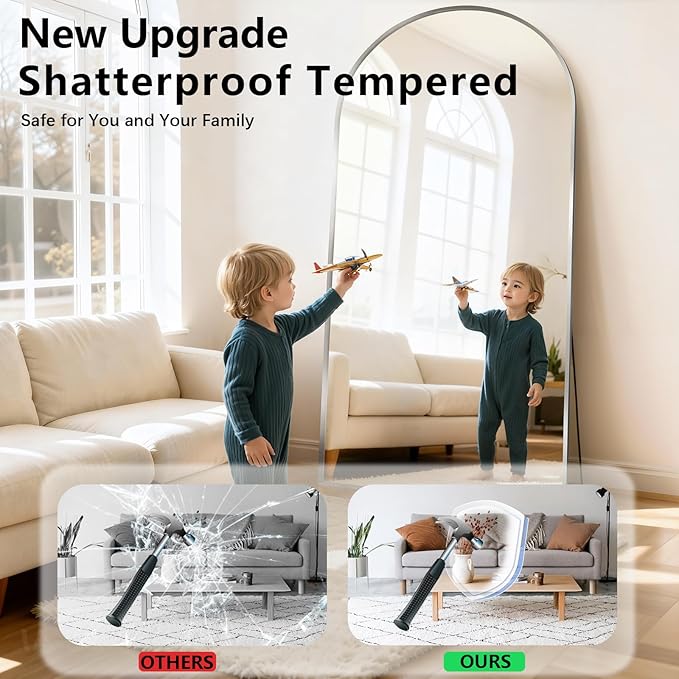 Oversized Full Length Mirror, 40"x80" Large Arched Floor Mirror Full Length with Stand, Room Decor Big Full Body Mirror with HD Tempered Glass Aluminum Frame for Bedroom Living Room, Silver