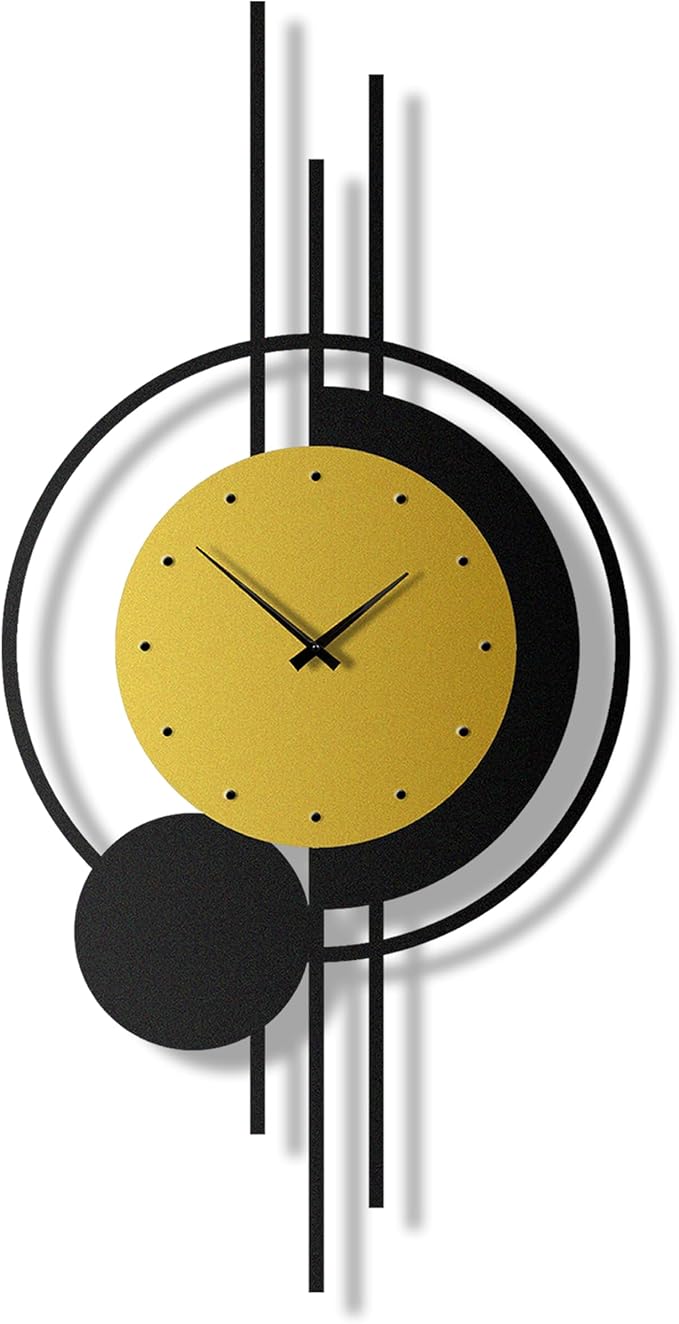 pluviart Geometric Gold and Black Wall Clock – Large Silent Metal Timepiece, Modern Mid-Century Wall Art for Living Room, Office and Home Decor