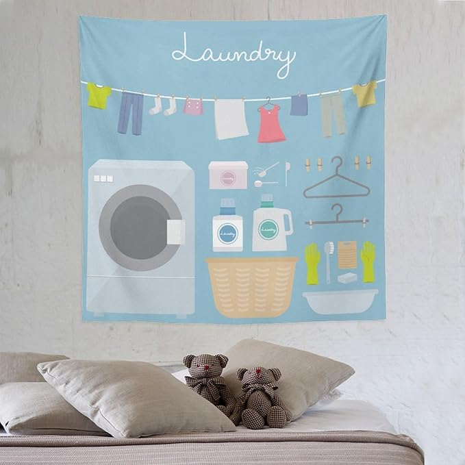 ZhiRain Laundry Room Tapestry Wall Hanging Blue Cartoon Wash Dry Fold Tapestries Home Decor for Living Room Bedroom Farmhouse Apartment Dorm 60"x60"