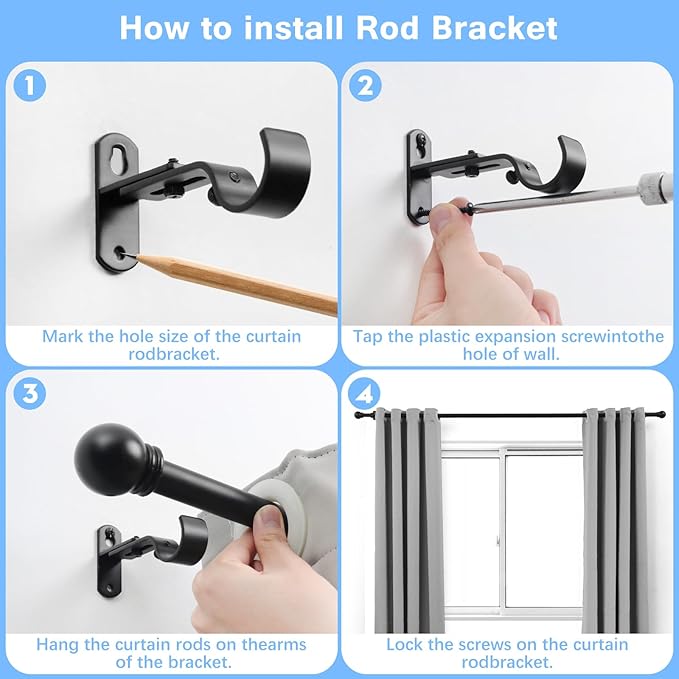 Curtain Rods for Windows 16 to 150 Inches, Curtain Rod Max Adjustable Length of 160 IN, 1" Diameter Drapery Rods Round Finials, Black, Pack of 1