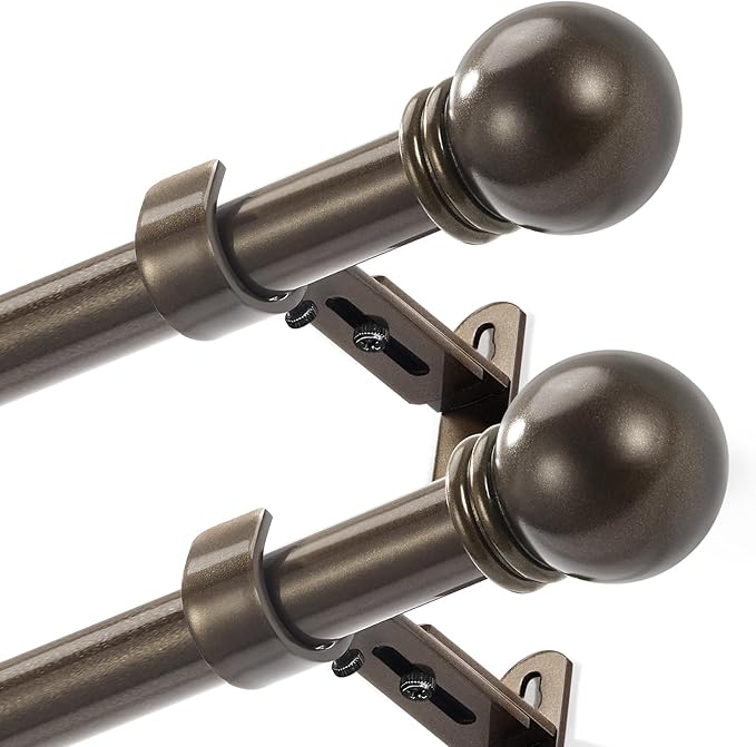 Curtain Rods for Windows 16 to 48 Inches, Curtain Rod Max Adjustable Length of 60 IN, 6/8" Diameter Drapery Rods Round Finials, Brown, Pack of 2