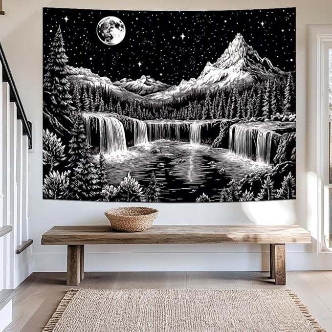 Leofanger Black and White Tapestry Starry Night Mountain Tapestry Aesthetic Moon Wall Tapestries Galaxy Space Tapestries Wall Hanging for Home Decor(59.1"x78.7")