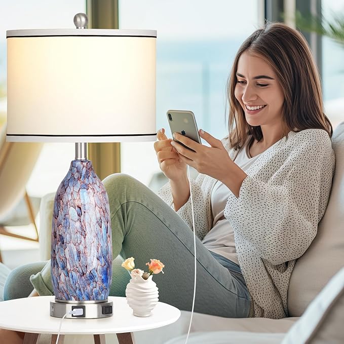 26" Coastal Glass Table Lamps Set of 2 for Living Room, 3 Way Touch Bedside Lamp for Bedroom, Nautical Beachy Lamp with USB A+C Ports and AC Outlet for Nightstand, 2 LED Bulbs Included