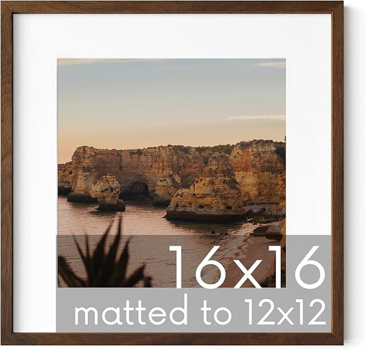 HAUS AND HUES Walnut Oak Wood 16x16 Picture Frame Matted to 12x12 - Square Frame with Plexiglass, Elegant Frame for Posters (16x16 in, Walnut, Set of 1)