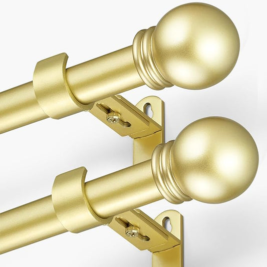 Curtain Rods for Windows 16 to 150 Inches, Curtain Rod Max Adjustable Length of 160 IN, 1" Diameter Drapery Rods Round Finials, Warm Gold, Pack of 2