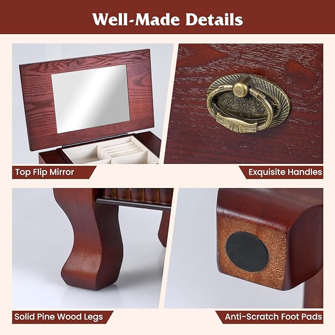 Giantex Standing Jewelry Cabinet with 7 Drawers, Flip-Top Mirror, 2 Side Doors with 12 Necklace Hooks, Divided Ring Compartments, Velvet-Lined Jewelry Armoire Organizer Chest (Cherry)