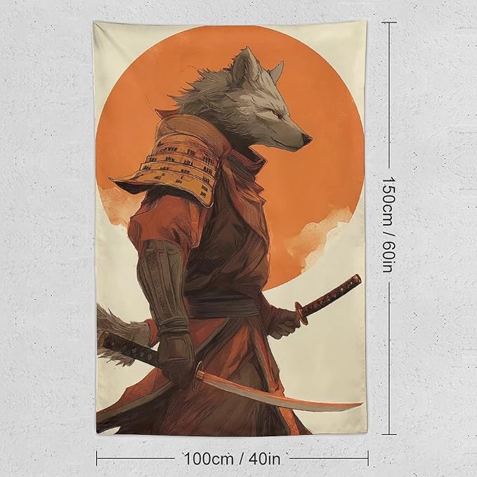 JYOUQOC Wolf Samurai Tapestry Wall Decor Large Wall Art Backdrop Flag Hanging for Bedroom Living Room Dorm Office 40"×60"