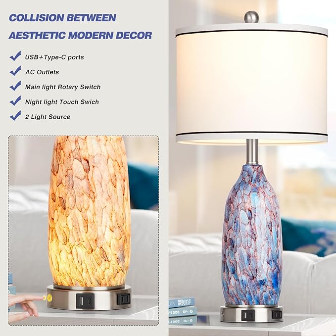 26" Coastal Glass Table Lamps Set of 2 for Living Room, 3 Way Touch Bedside Lamp for Bedroom, Nautical Beachy Lamp with USB A+C Ports and AC Outlet for Nightstand, 2 LED Bulbs Included