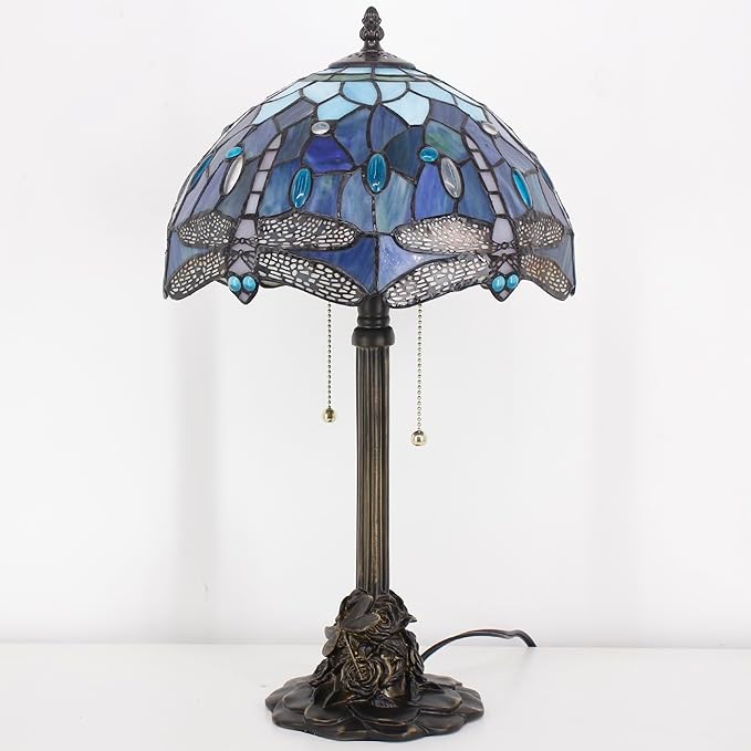 Tiffany Stained Glass Table Lamp 12X12X21Inch Resin Base Desk Bedroom Living Room Reading Light (Blue Dragonfly)