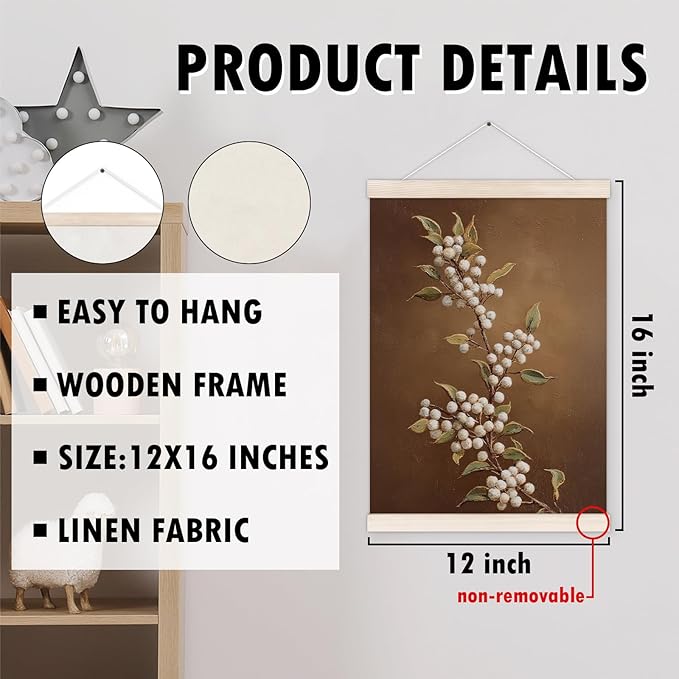 Vintage Christmas Poster Hanger with Wood Frame, Rustic Antique Christmas White Berries Wall Art Decor for Home, Retro Neutral Xmas Holiday Posters for Bedroom Living Room Decor, 12x16 Inch