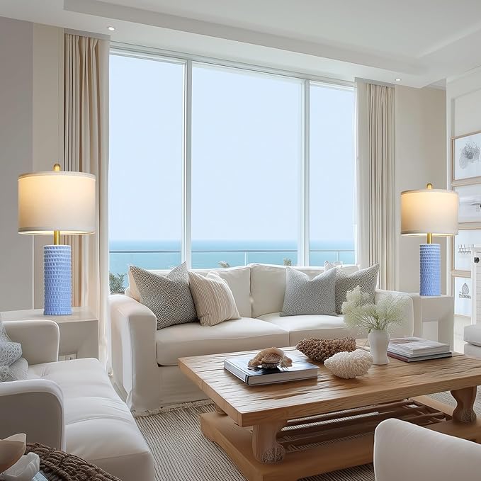 24.5" Table Lamp Set of 2, Modern Ceramic Bedside Lamps for Night Stands, Classic Small Lamp Nightstand Lamp for Bedroom Living Room Desk End Table Rotary Switch Blue