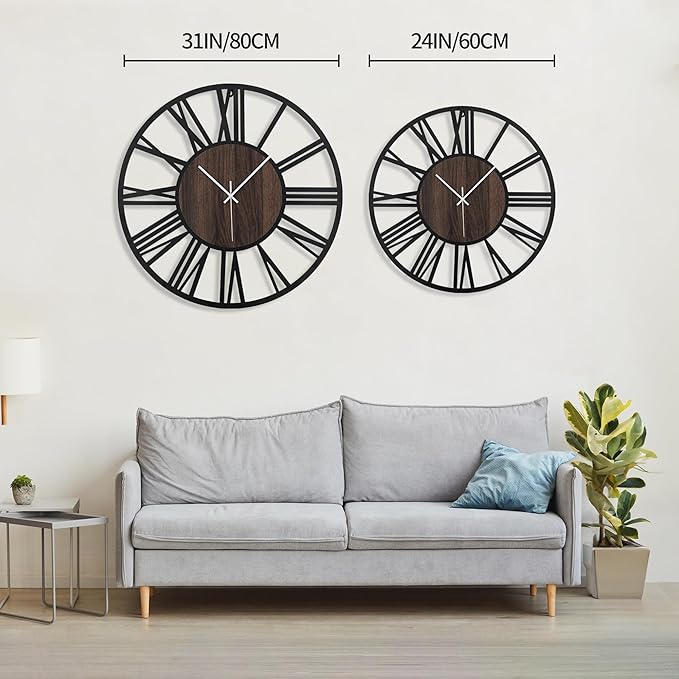 LEIKE Extra Large Wall Clocks,Silent Little Ticking,Battery Operated Vintage Round Modern Wood Wall Clock for Living Room, Bedroom,Farmhouse,Office Home Decor-32 Inch(Black-Roman Numerals)