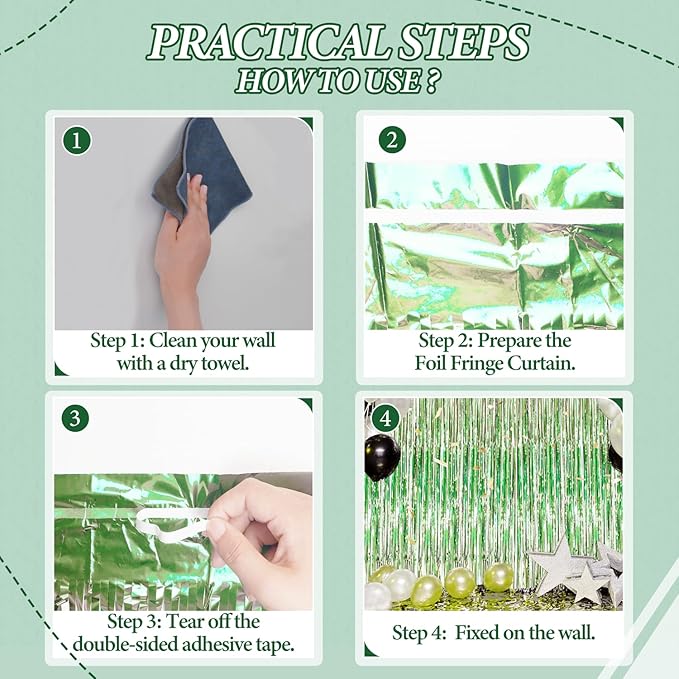 3 Pack Foil Fringe Backdrop - Light Green Shiny Tinsel Curtains for Party Decoration/Photo Booth Props - 3.3x8.2 FT Metallic Foil Backdrop for Birthday, Wedding, Graduation, Christmas