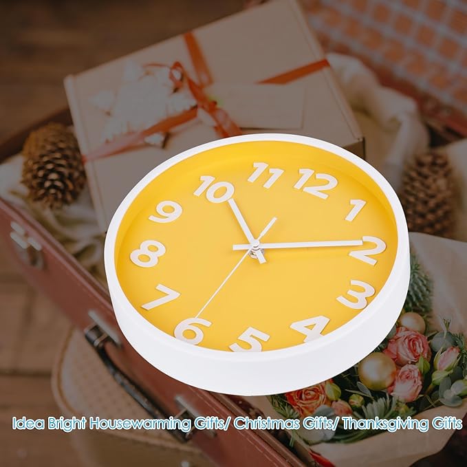 10 Inch Yellow Wall Clock with 3D Big Numbers, Modern Round Silent Non-Ticking Clock, Easy to Read for Kitchen & Office, Bright Housewarming Gifts for Home Decor