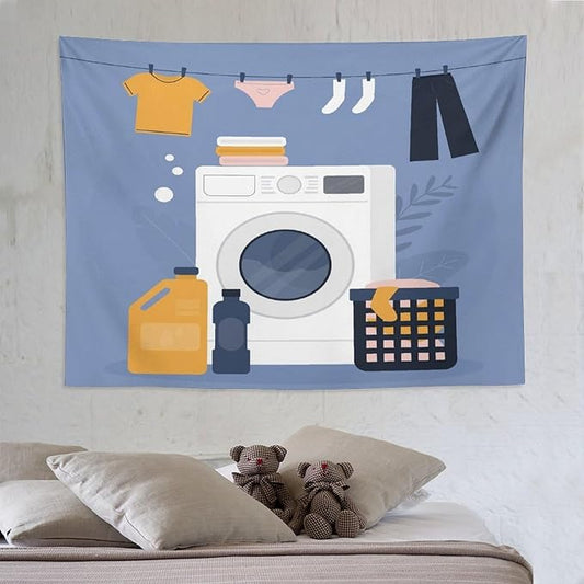 ZhiRain Laundry Room Tapestry Wall Hanging Simple Drawn Wash Dry Fold Repeat Tapestries Home Decor for Living Room Bedroom Farmhouse Apartment Dorm 60"x80"