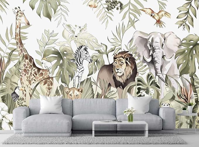 Hand-Painted Beautiful Wall Mural Pattern of Tropical Plants and Various Animals, Large Art Wall Background Wallpaper(Non-self-Adhesive)