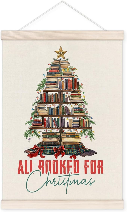 Vintage Christmas Reading Poster Hanger with Wood Frame, All Booked for Christmas Wall Art Decor for Home, Xmas Book Tree Posters for Reading Room Home Library Decor, 12x16 Inch