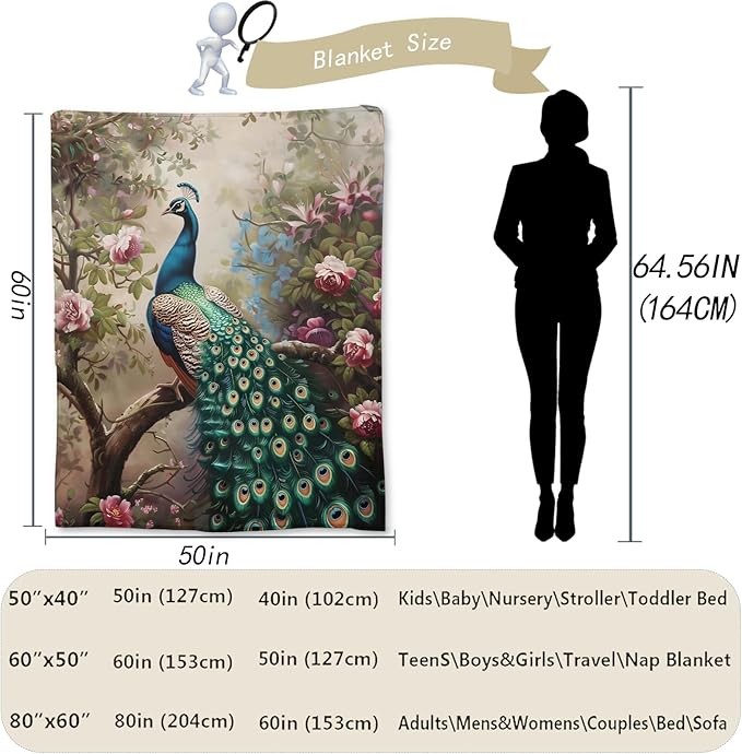 Peacock Blanket - Soft, Cozy, Lightweight Flannel Throw Blankets for Couch, Bed, and Travel - Fuzzy, Fluffy Decor Perfect for Outdoor Use and Home Decor, for Adults Women Girls 50×40 in