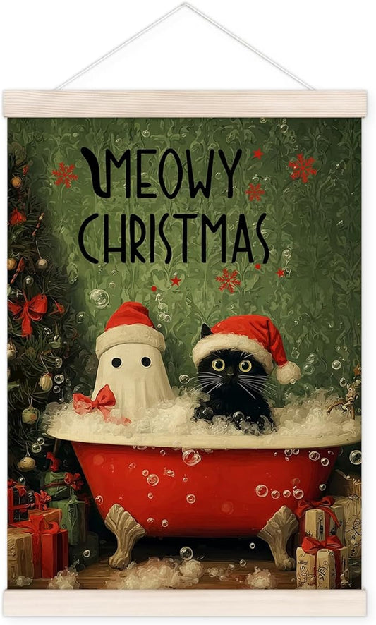 Meowy Christmas Bathroom Poster Hanger with Wood Frame, Black Cat Ghost Christmas Wall Art Decor for Bathroom, Funny Xmas Black Cat Ghost Posters for Washroom Restroom Toilet Decor, 12x16 Inch