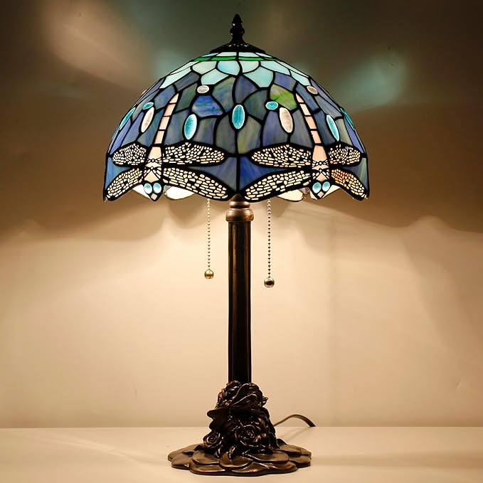 Tiffany Stained Glass Table Lamp 12X12X21Inch Resin Base Desk Bedroom Living Room Reading Light (Blue Dragonfly)