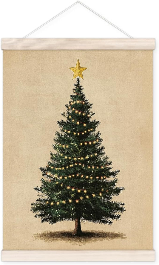 Vintage Christmas Tree Poster Hanger with Wood Frame, Rustic Christmas Wall Art Decor for Home, Retro Farmhouse Neutral Winter Xmas Tree Posters for Bedroom Living Room Decor, 12x16 Inch