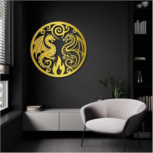 Dragon Of Metal Wall Sculpture,Yin Yang Decor Abstract Wall Art,Man Cave Decorative,Wall Hangings For Bathroom Living Room Garden Outdoor Farmhouse(Gold,100x98cm/39x39in)