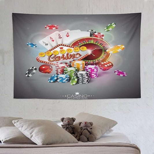 Poker Tournament Tapestry Wall Hanging Casino Colorful Chips And Cards Dice And Roulette Tapestries Home Decor for Living Room Bedroom Farmhouse Apartment Dorm 60"x90"