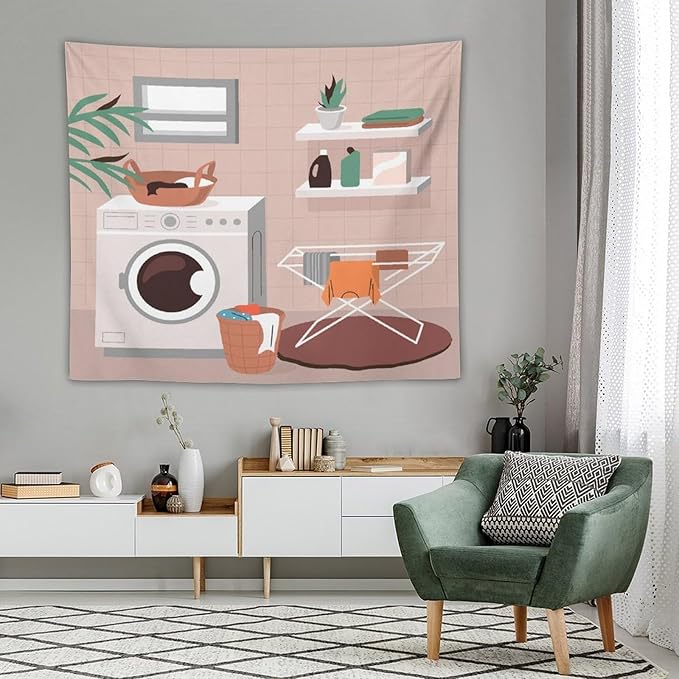 ZhiRain Laundry Tapestry Wall Hanging Laundry Room Wash Dry Fold Repeat Tapestries Home Decor for Living Room Bedroom Farmhouse Apartment Dorm 50"x60"