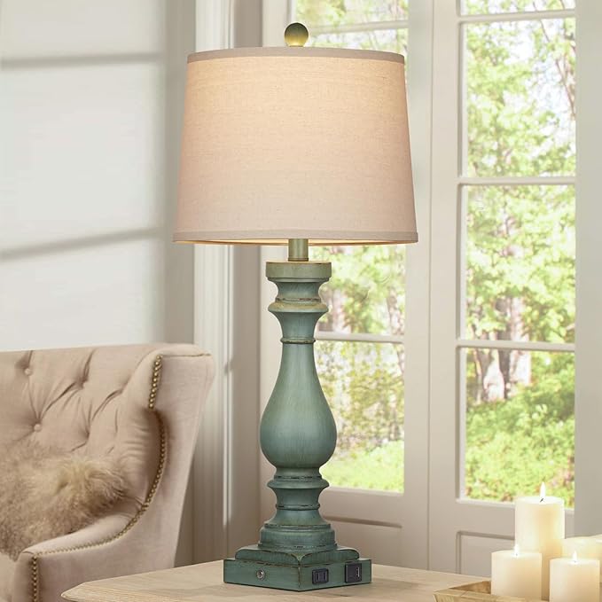 29" Tall Table Lamp for Living Room Set of 2,Vintage Bedside Nightstand Lamps with USB C+A Ports & AC Outlet,3-Way Dimmable Touch Control Retro Green Desk Lamp for Bedroom,Color 4