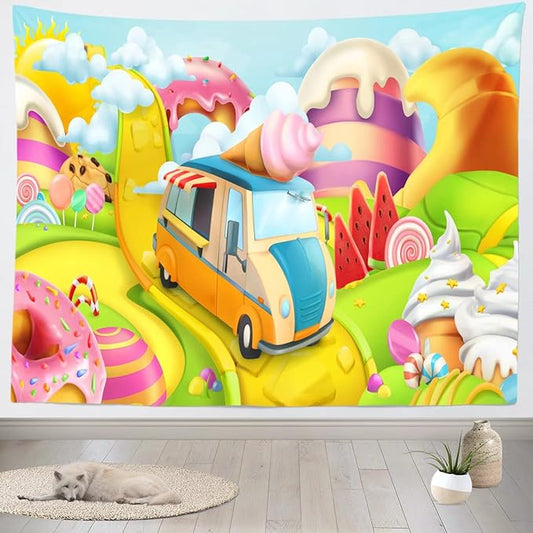 CORFOTO Candyland Wall Tapestry Sweet Cand Wall Hanging Candy Castle Tapestries for Childrens Room Decorations Kids Bedroom Dorm Decor Window Curtain 80Wx60H inches Fabric