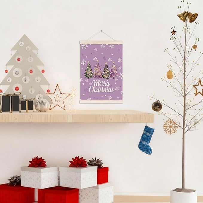 Purple Merry Christmas Tree Poster Hanger with Wood Frame, Winter Christmas Tree Wall Art Decor for Home, Preppy Xmas Winter Holiday Posters for Bedroom Living Room Xmas Party Decor, 12x16 Inch