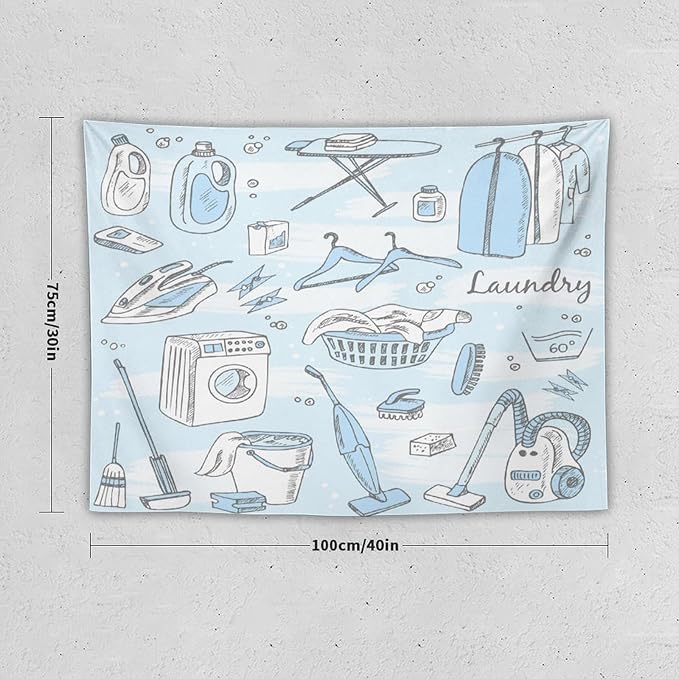 ZhiRain Laundry Room Tapestry Wall Hanging Blue Laundry Theme Tapestries Home Decor for Living Room Bedroom Farmhouse Apartment Dorm 30"x40"